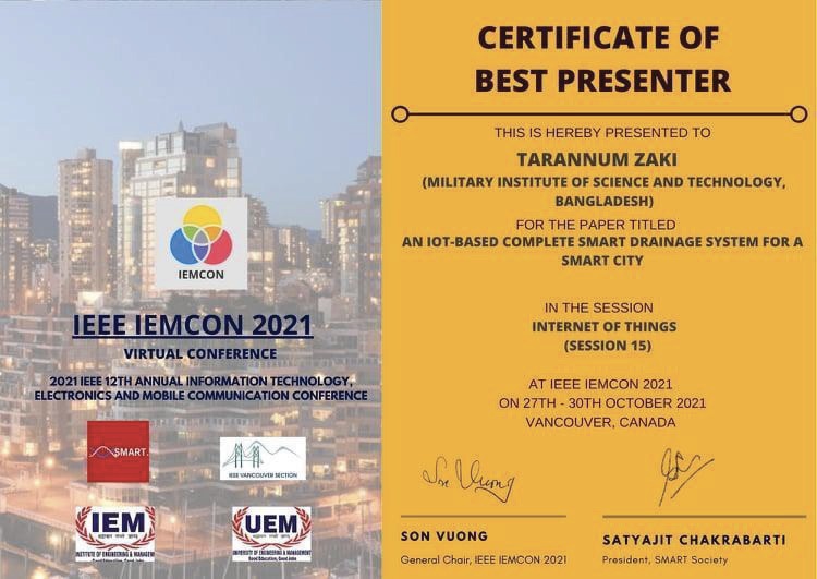 Best Presenter Award in IEEE IEMCON 2021